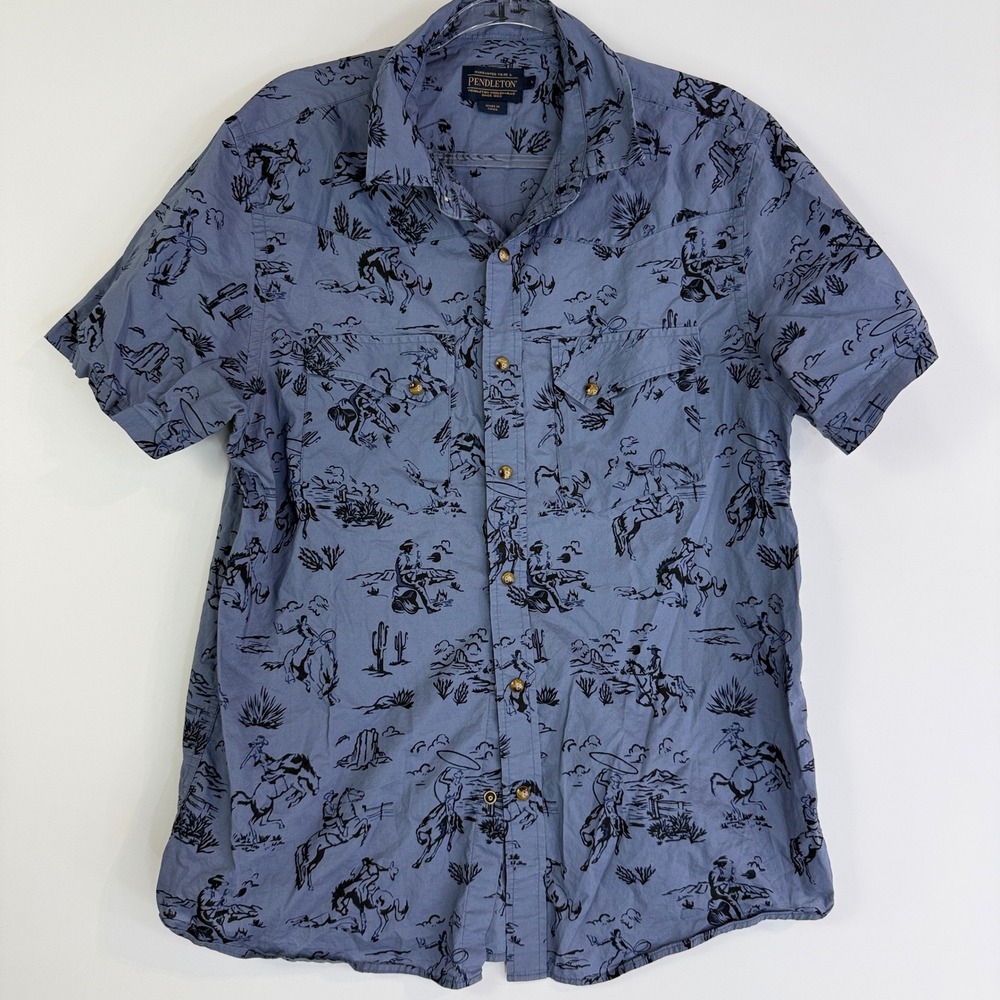 Pendleton Western Shirt Men Large Blue Cowboy Rodeo Print Short Sleeve Button Up
